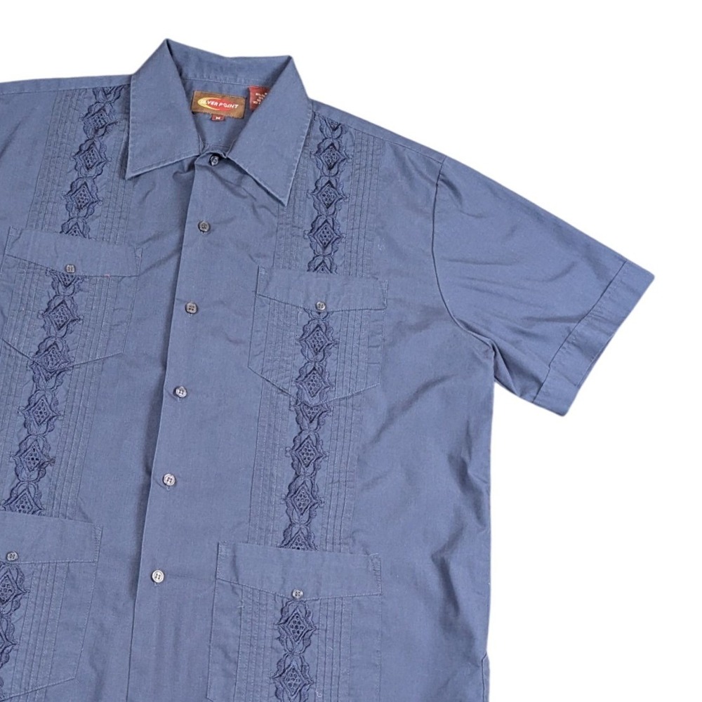 Silver Point Mens Navy Blue Guayabera Embroidered Short Sleeve Shirt Size M